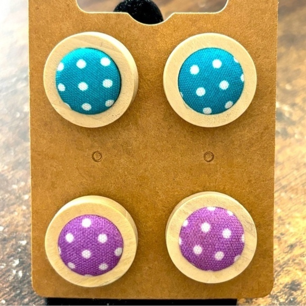 Set of 2 Handmade Polka Dot Stud Earrings - 12mm Fabric Button on Wood Base